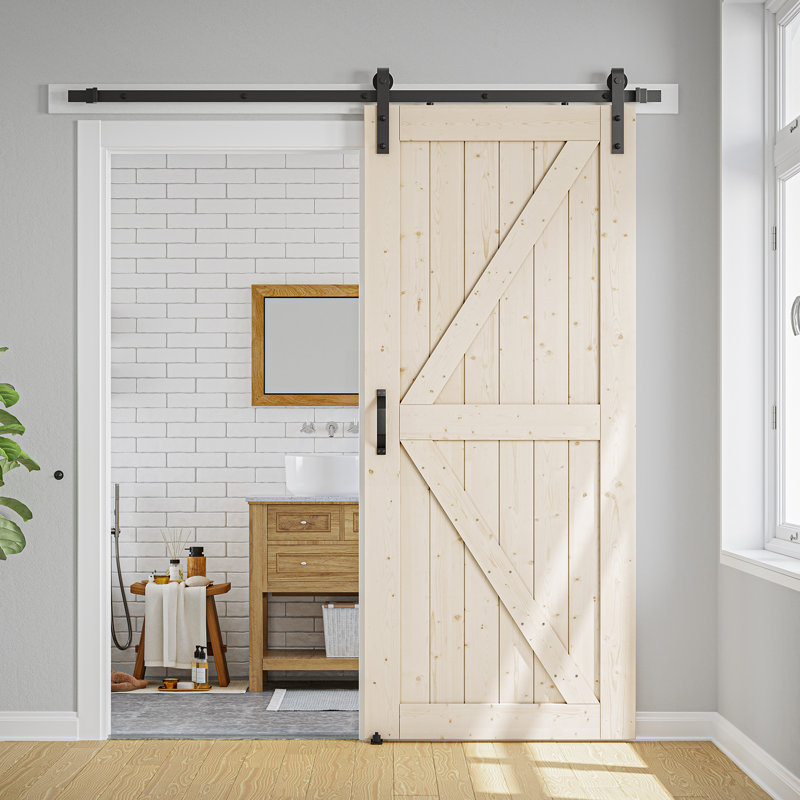 LDB_BUILDING Paneled Solid Wood Unfinished Barn Door with Installation